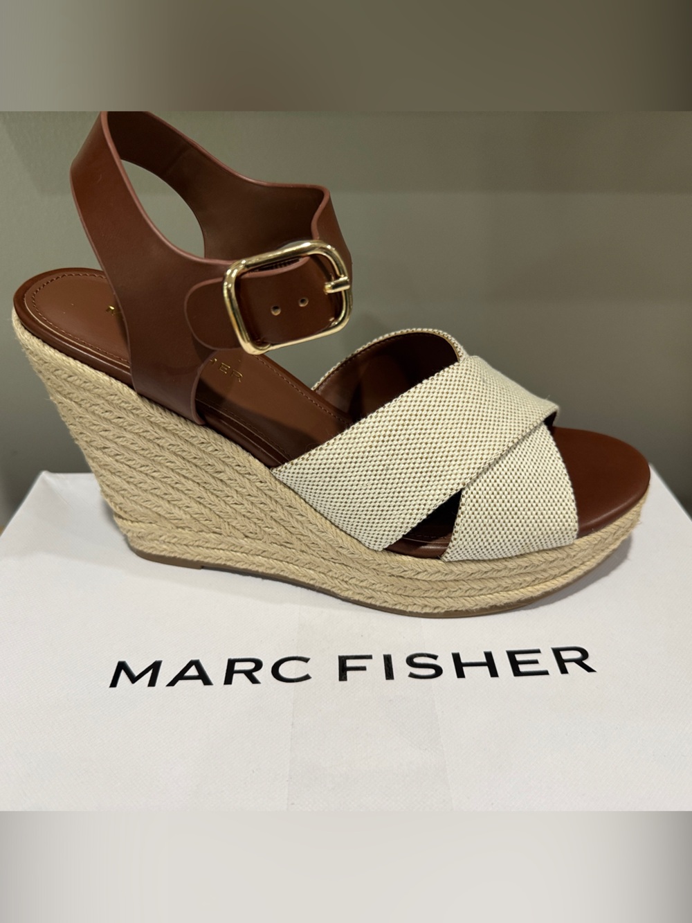 Marc Fisher Cream and Brown Espadrille Wedge Sandals, Size 8.5